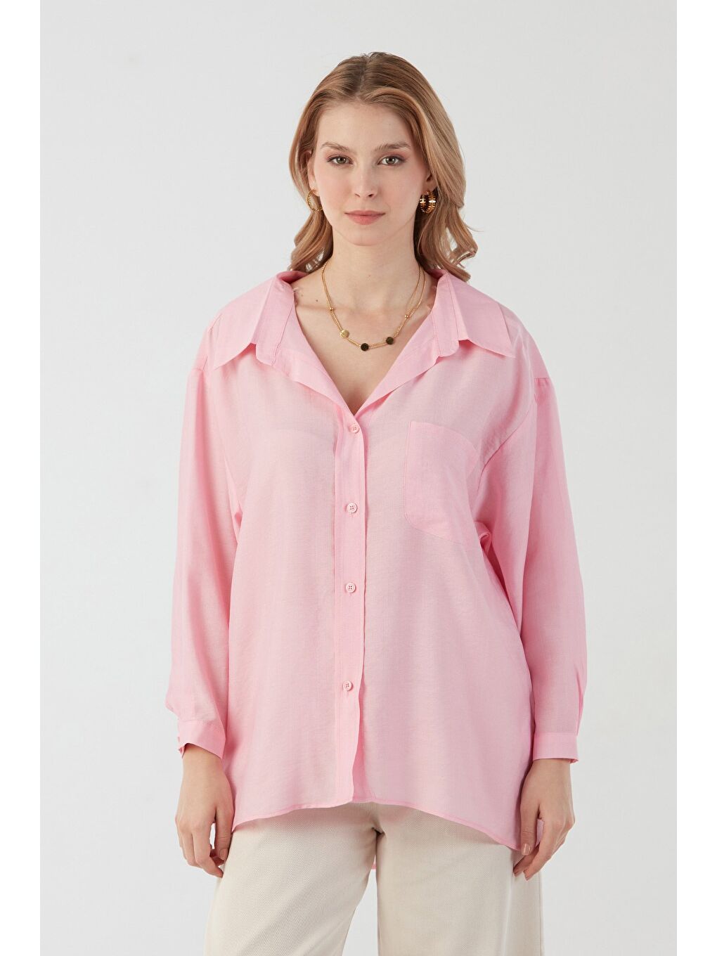 Pembe Basic Cepli Salaş Şifon Gömlek