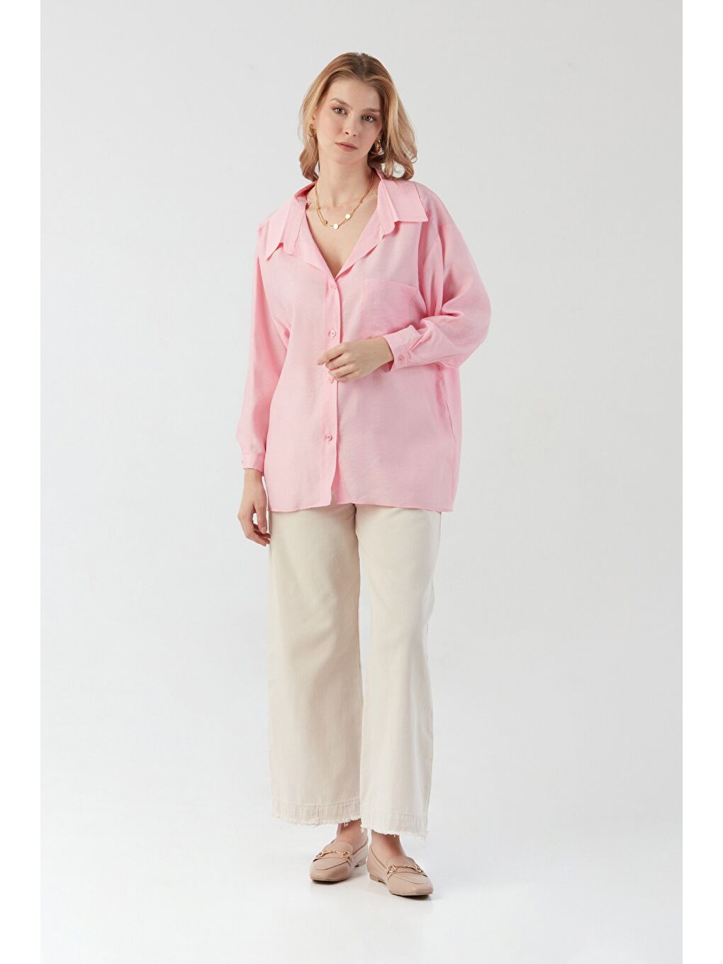 Pembe Basic Cepli Salaş Şifon Gömlek-1