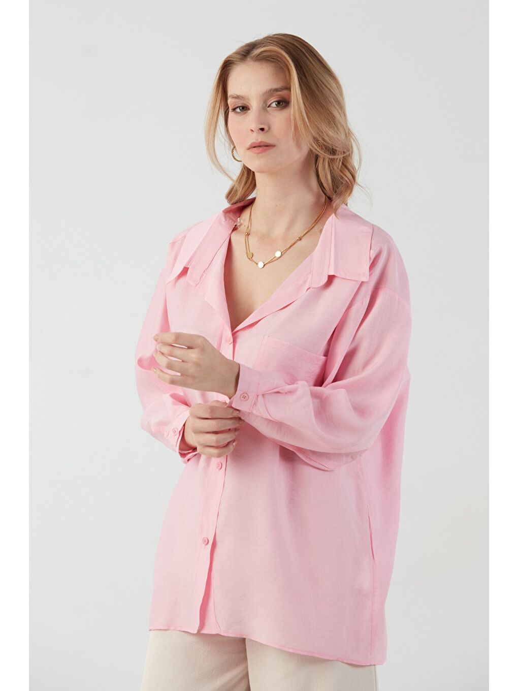 Pembe Basic Cepli Salaş Şifon Gömlek-2