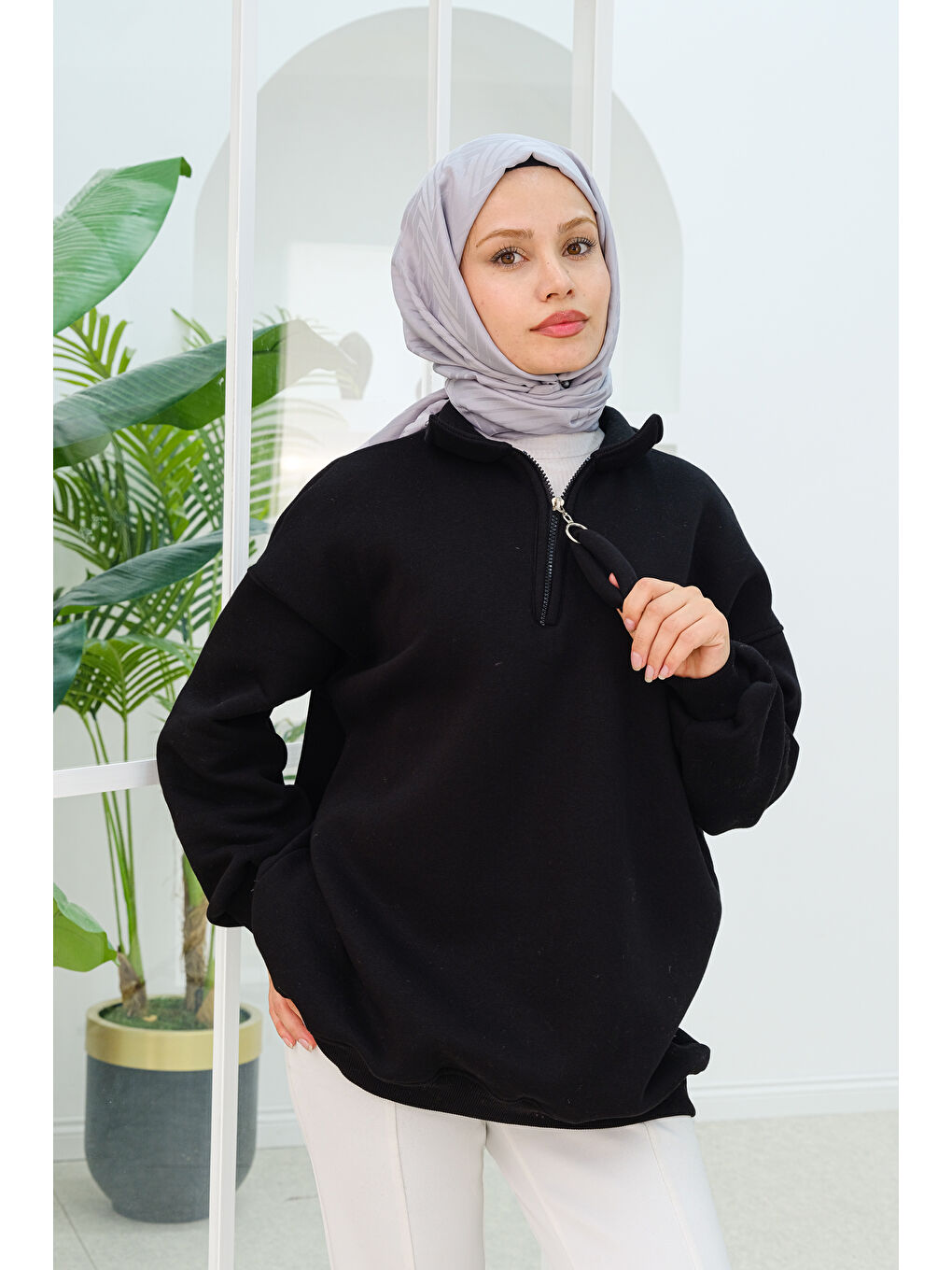 Locco Moda Yarım Fermuar Detay  Sweatshirt Siyah