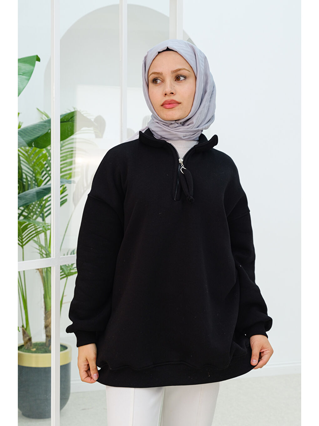 Locco Moda Yarım Fermuar Detay  Sweatshirt Siyah - 1