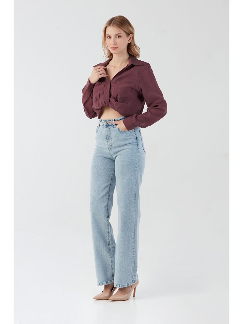 Pembe Önü Düğümlü Cepli Crop Gömlek-1