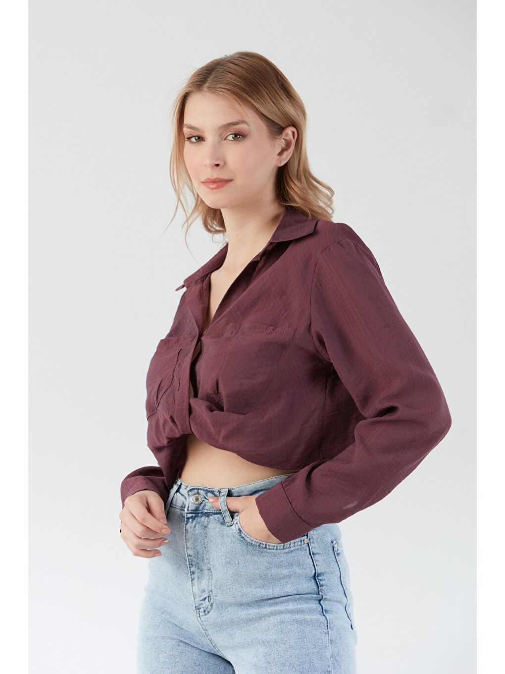 Pembe Önü Düğümlü Cepli Crop Gömlek-2