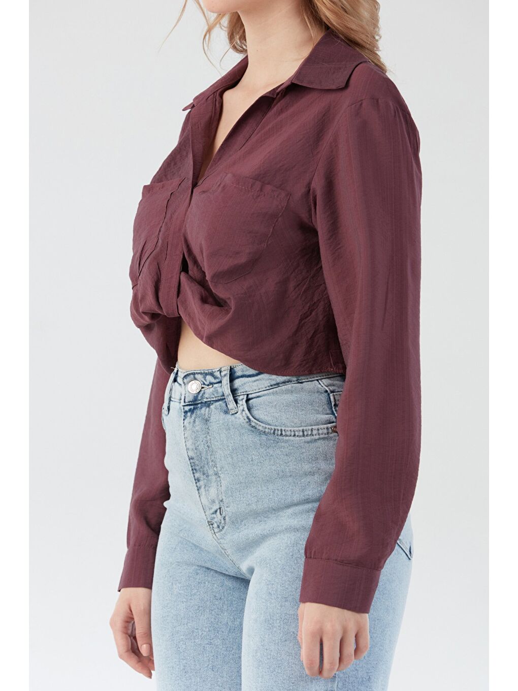 Pembe Önü Düğümlü Cepli Crop Gömlek-4