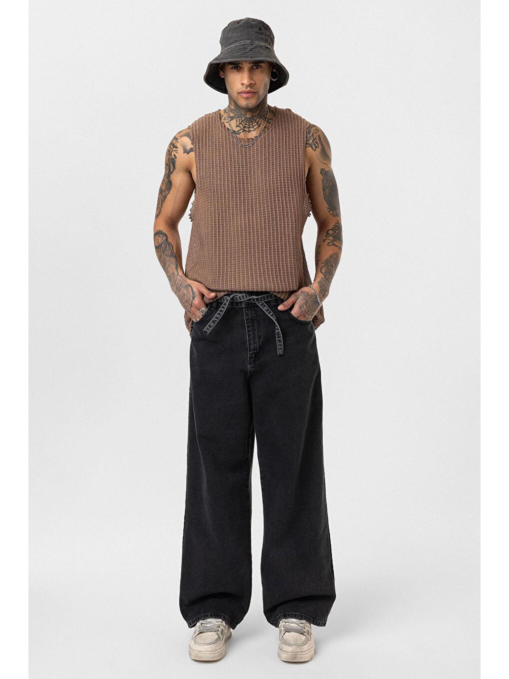 Kemer Detaylı Şeritli Baggy Jean Antrasit