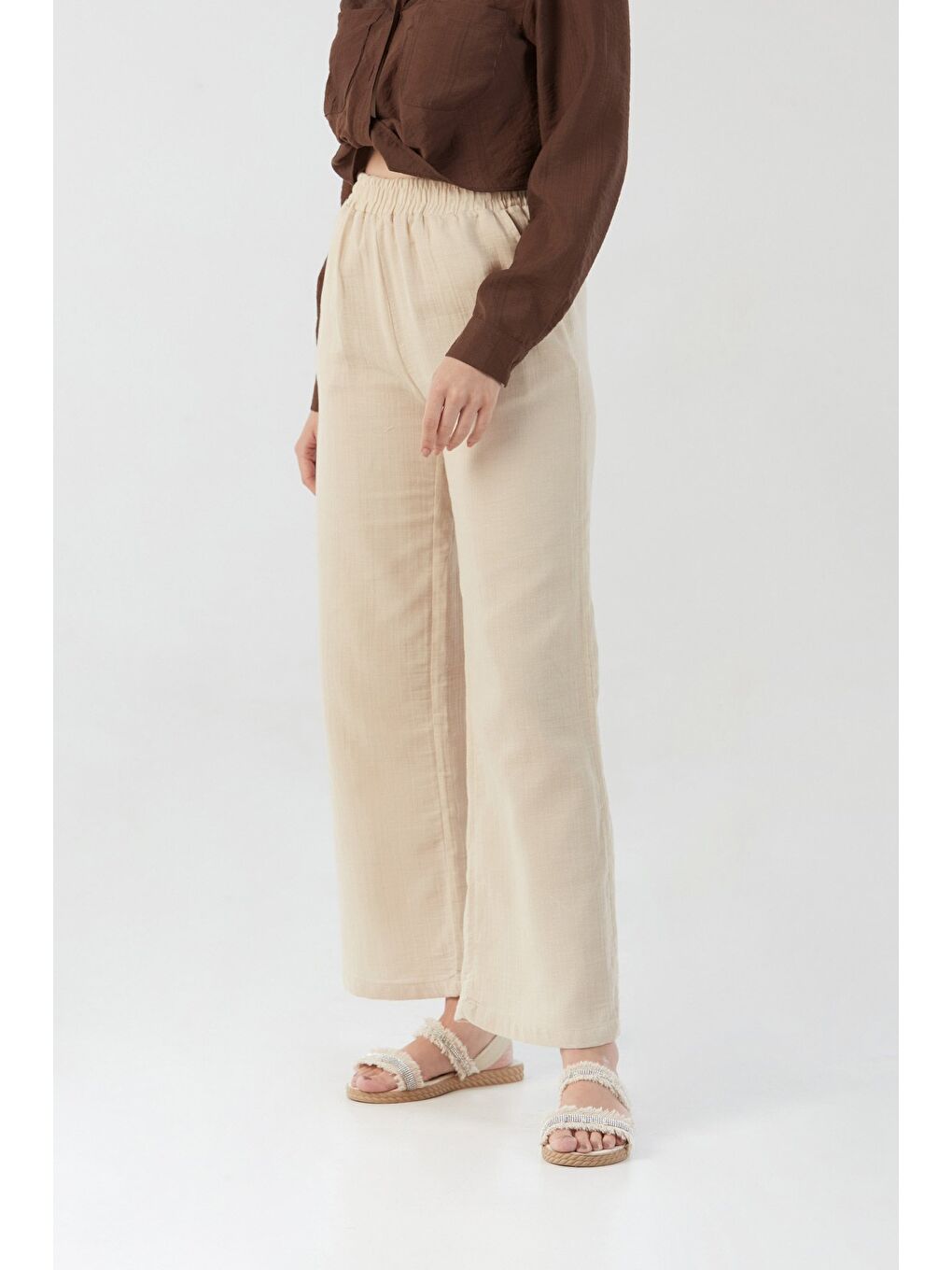 Bej Beli Lastikli Cepli Keten Pantolon-1