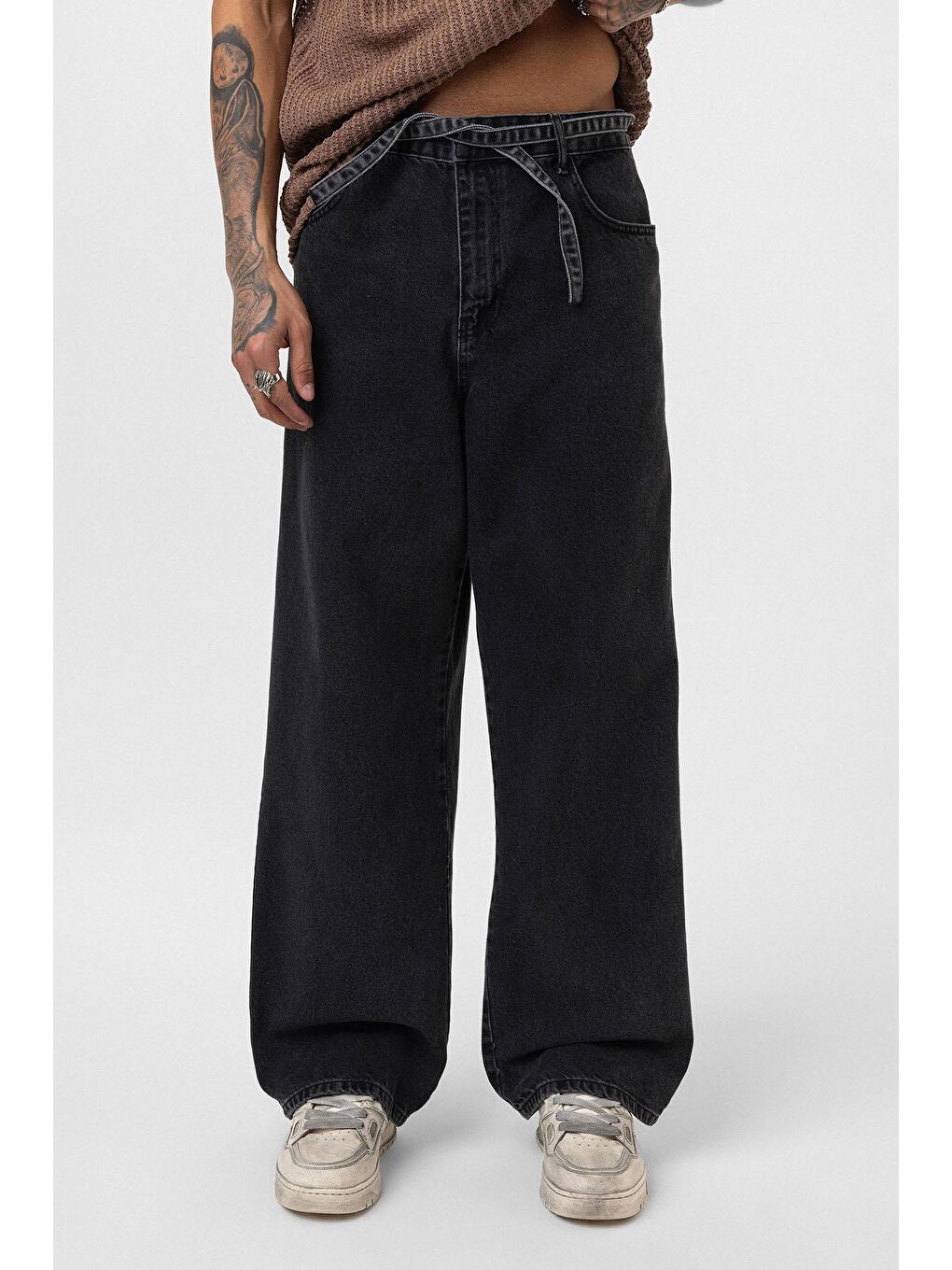 Kemer Detaylı Şeritli Baggy Jean Antrasit-2