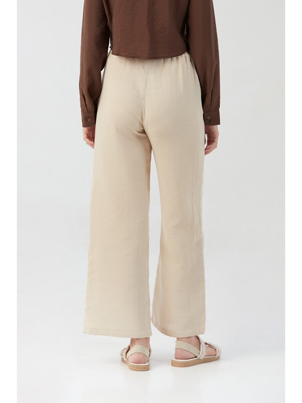 Bej Beli Lastikli Cepli Keten Pantolon-2