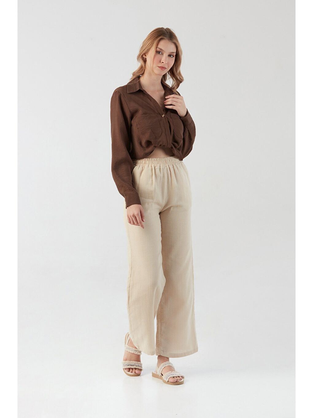 Bej Beli Lastikli Cepli Keten Pantolon-3