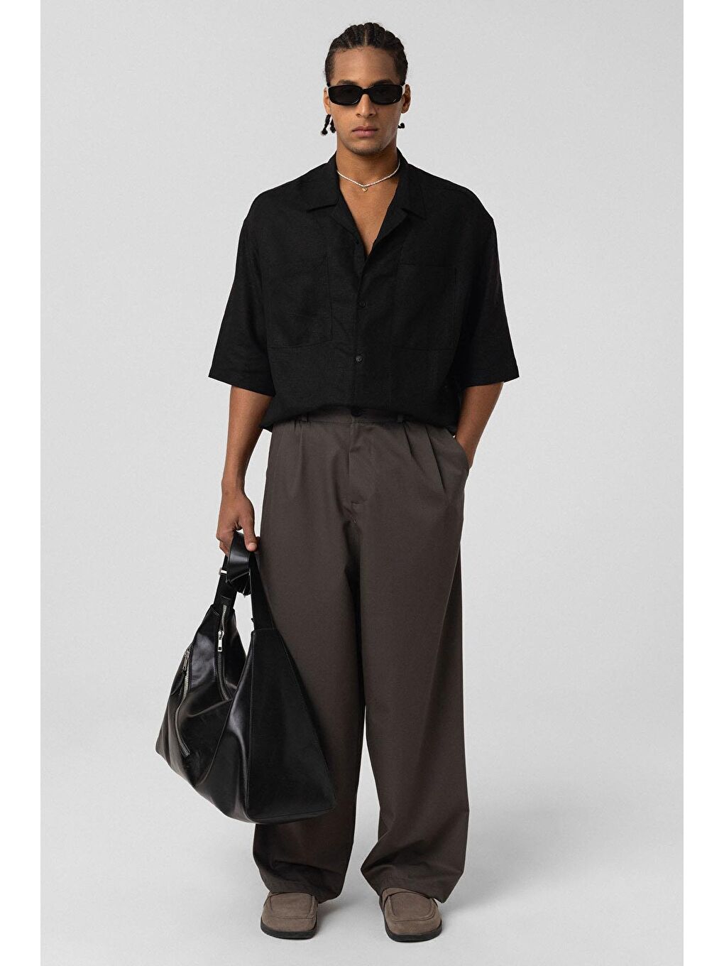 Gri Baggy Fit Kumaş Pantolon Füme