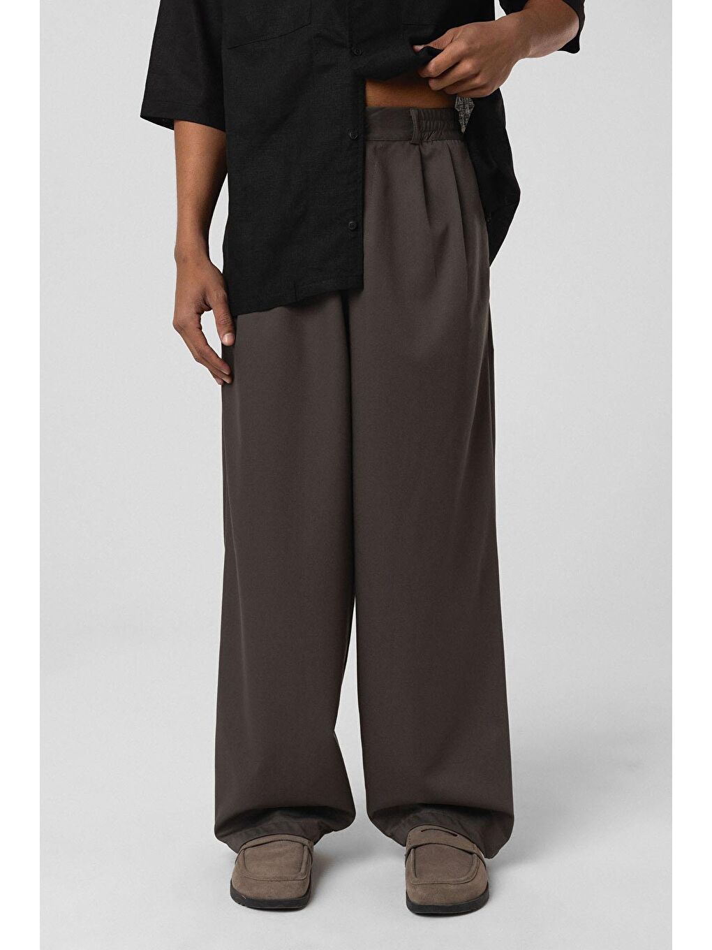 Gri Baggy Fit Kumaş Pantolon Füme-2