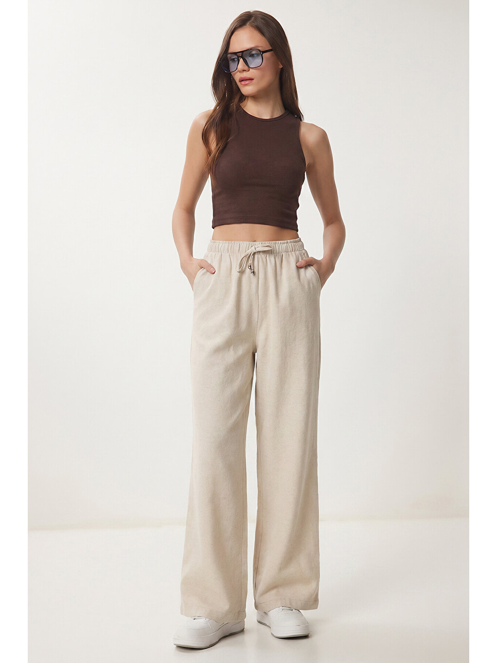 Bej Geniş Paça Cepli Keten Pantolon TAŞ LZV0077-1