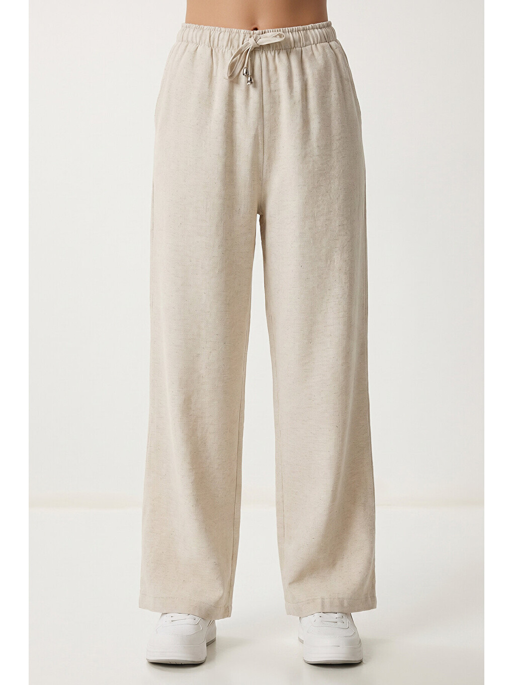 Bej Geniş Paça Cepli Keten Pantolon TAŞ LZV0077-2