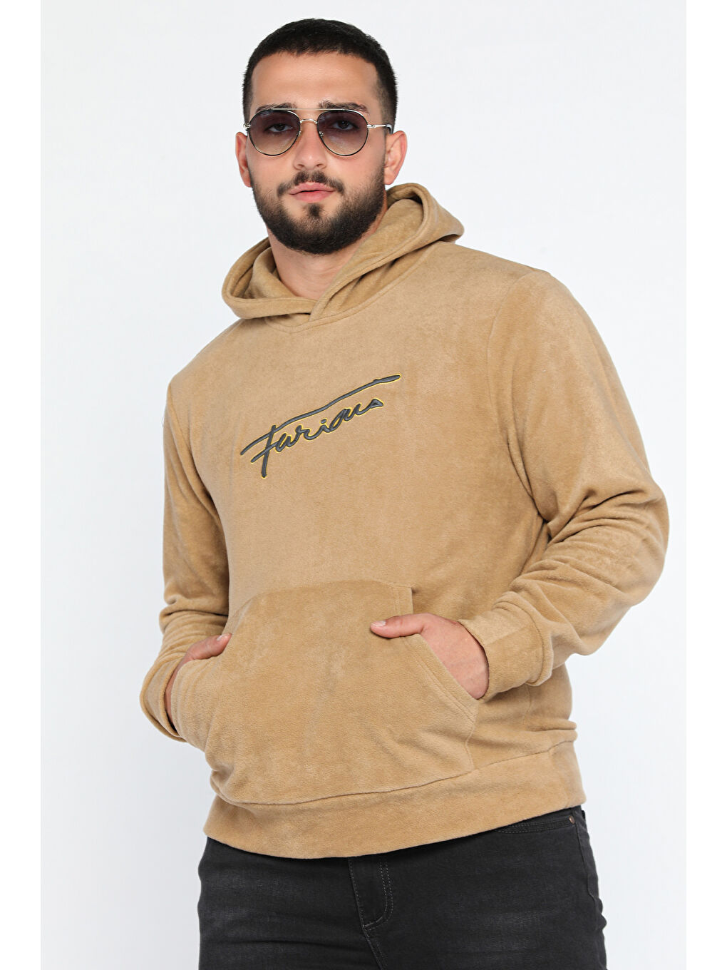 Mishar İtalia Bej Kapüşonlu Kanguru Cepli Erkek Polar Sweatshirt