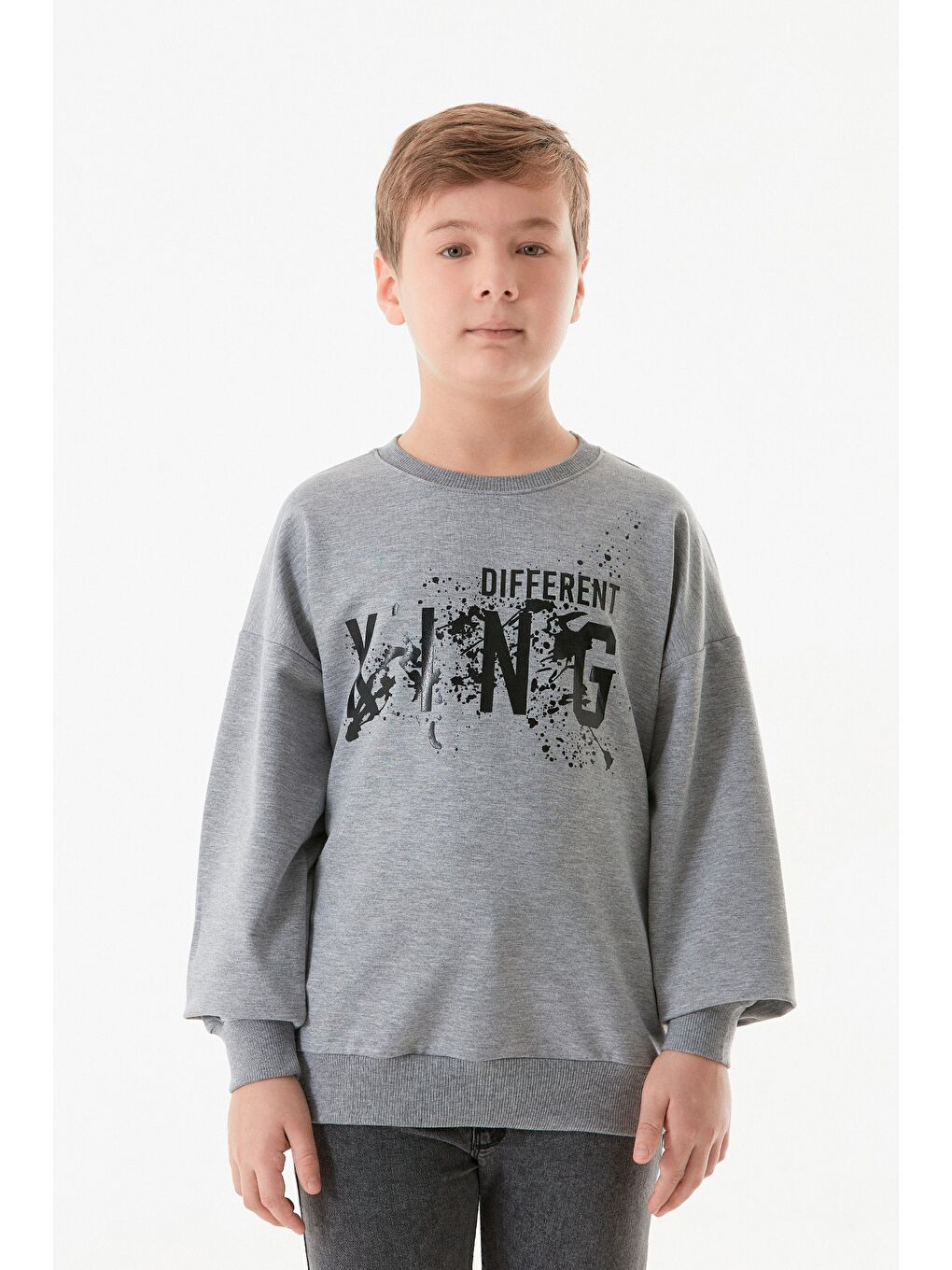 Gri Kıng Baskılı Bisiklet Yaka Erkek Çocuk Sweatshirt