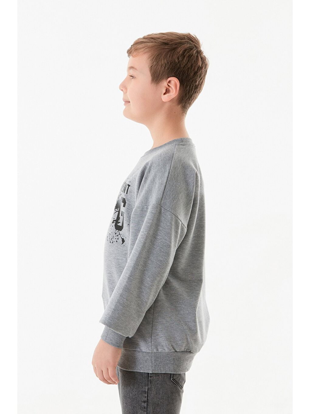 Gri Kıng Baskılı Bisiklet Yaka Erkek Çocuk Sweatshirt-2