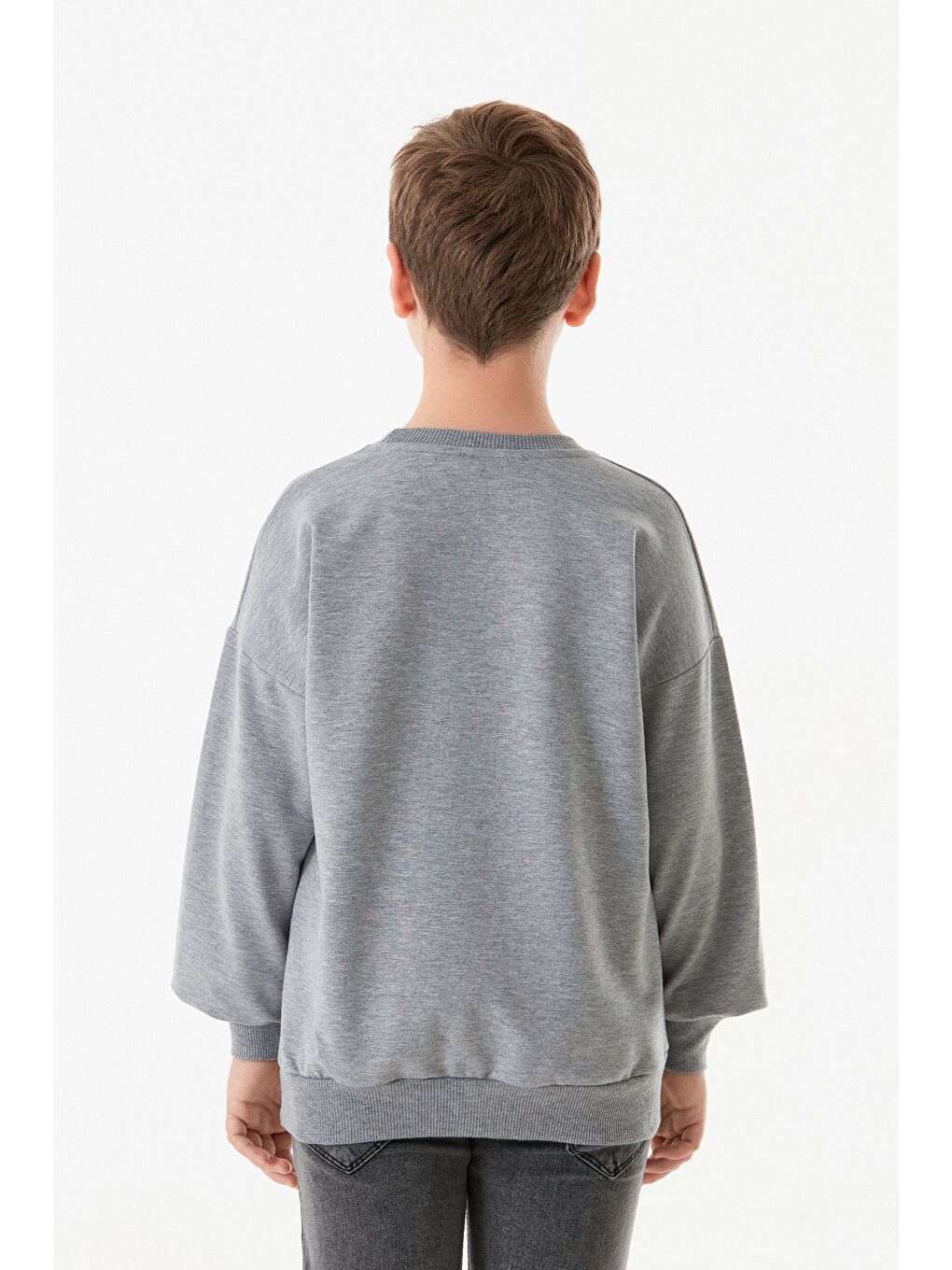 Gri Kıng Baskılı Bisiklet Yaka Erkek Çocuk Sweatshirt-3
