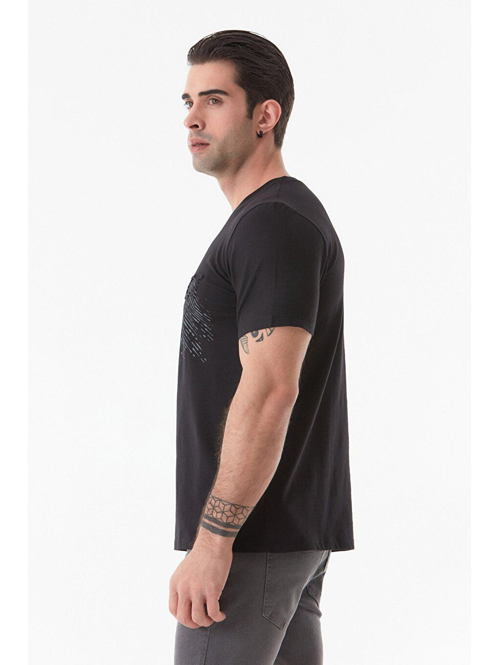 Siyah Respect Baskılı Bisiklet Yaka Tişört-2