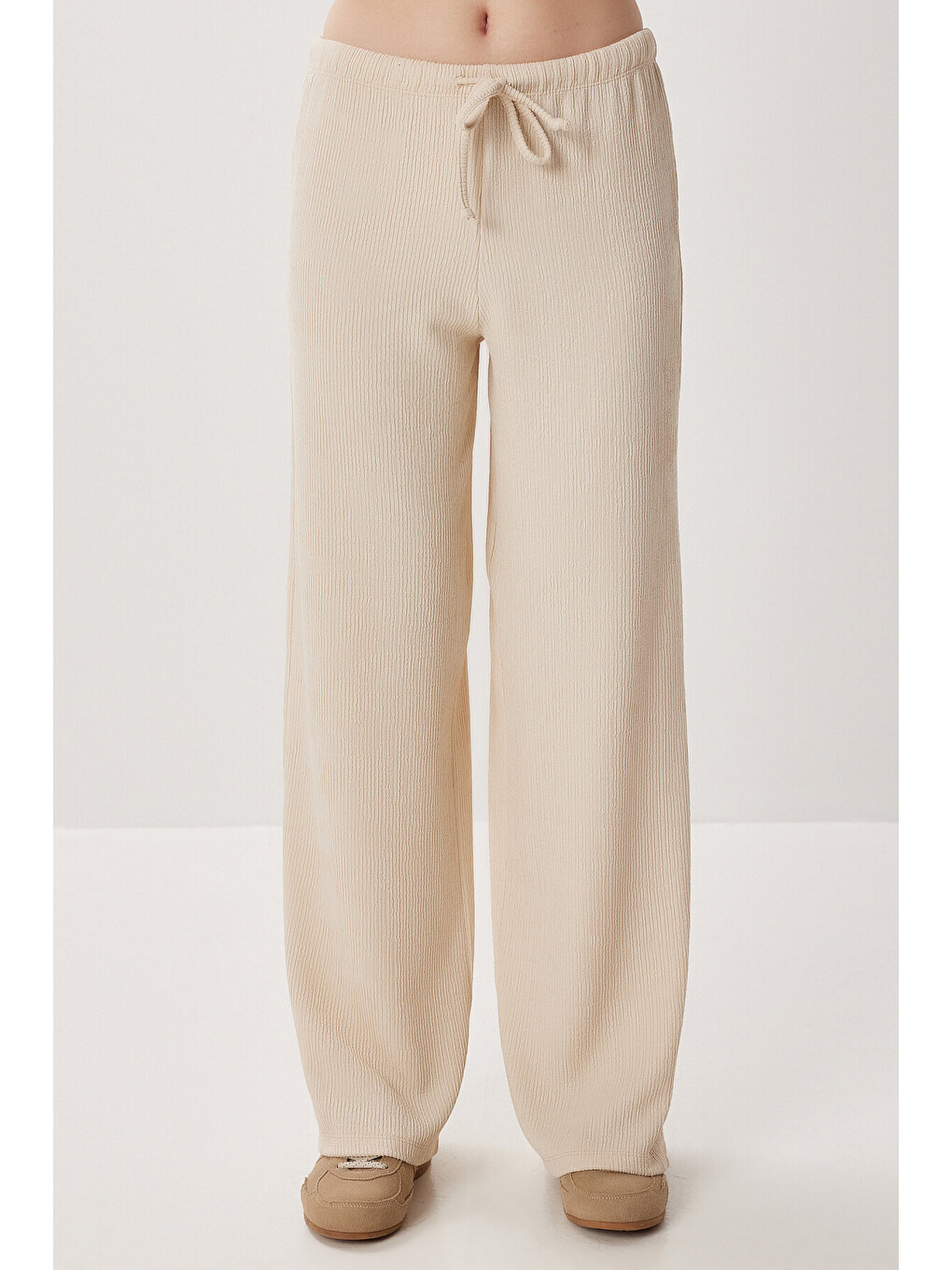 Ekru Geniş Paça Krinkıl Örme Pantolon KREM LCI0057-2