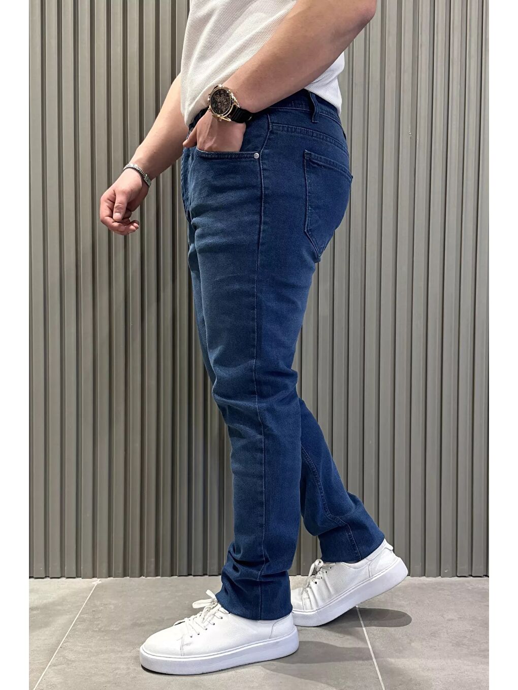 Mavi Erkek Elastanlı Düğmeli Jean Pantolon-1