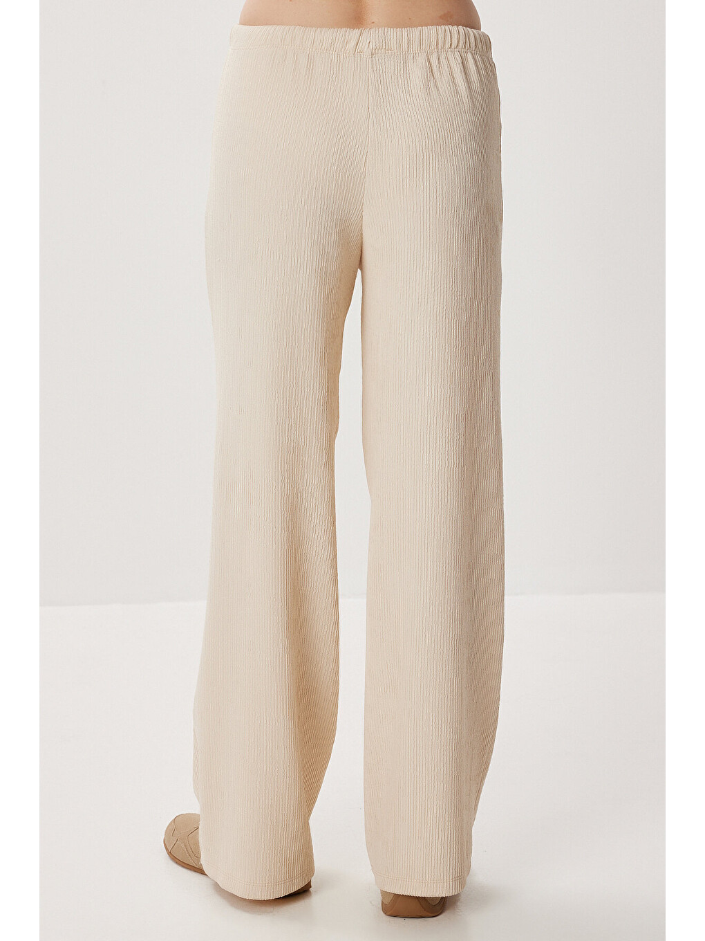 Ekru Geniş Paça Krinkıl Örme Pantolon KREM LCI0057-4