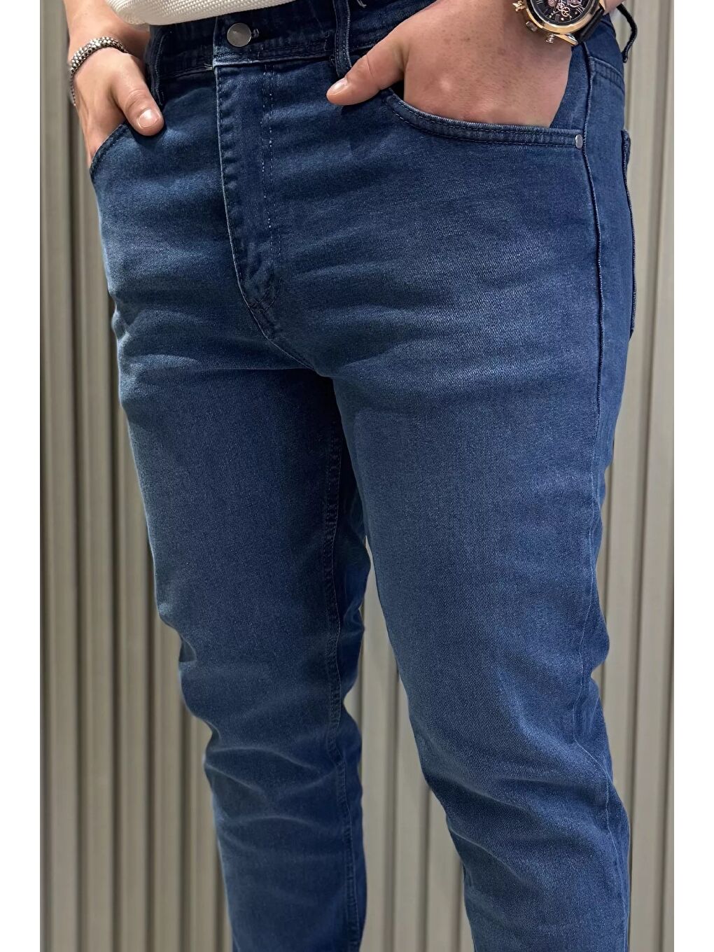 Mavi Erkek Elastanlı Düğmeli Jean Pantolon-3