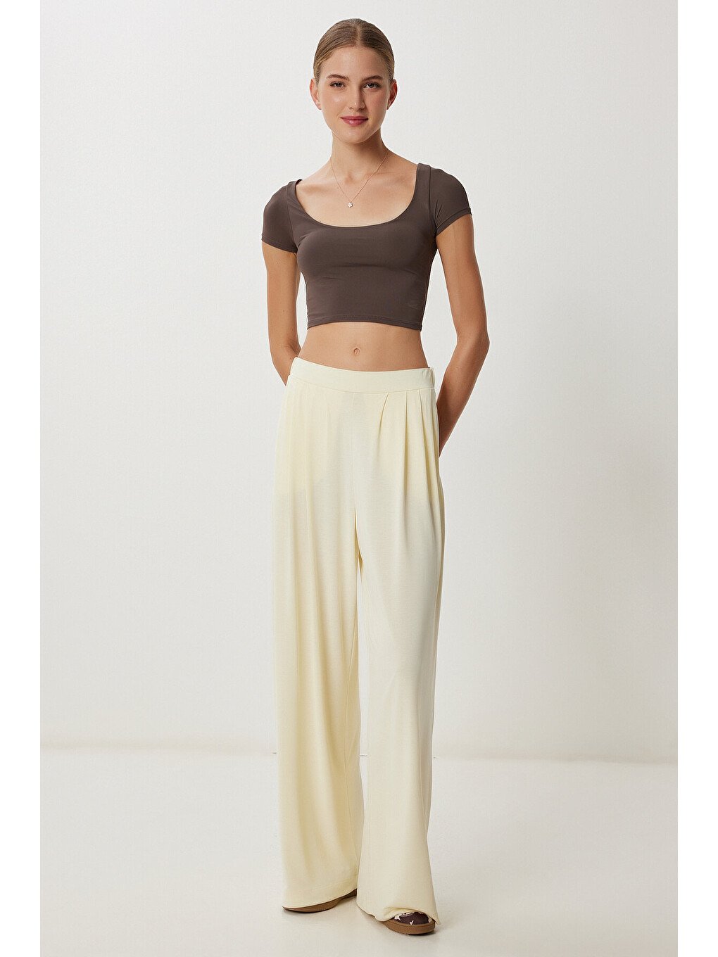 Sarı Geniş Paça Dökümlü Modal Pantolon AÇIK SARI LUB0208-1