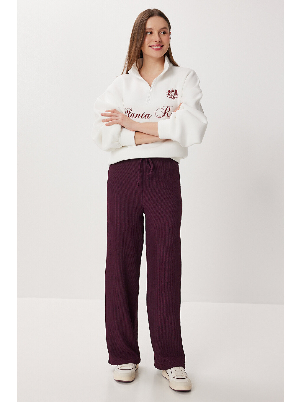 Mürdüm Geniş Paça Krinkıl Örme Pantolon MÜRDÜM LCI0057
