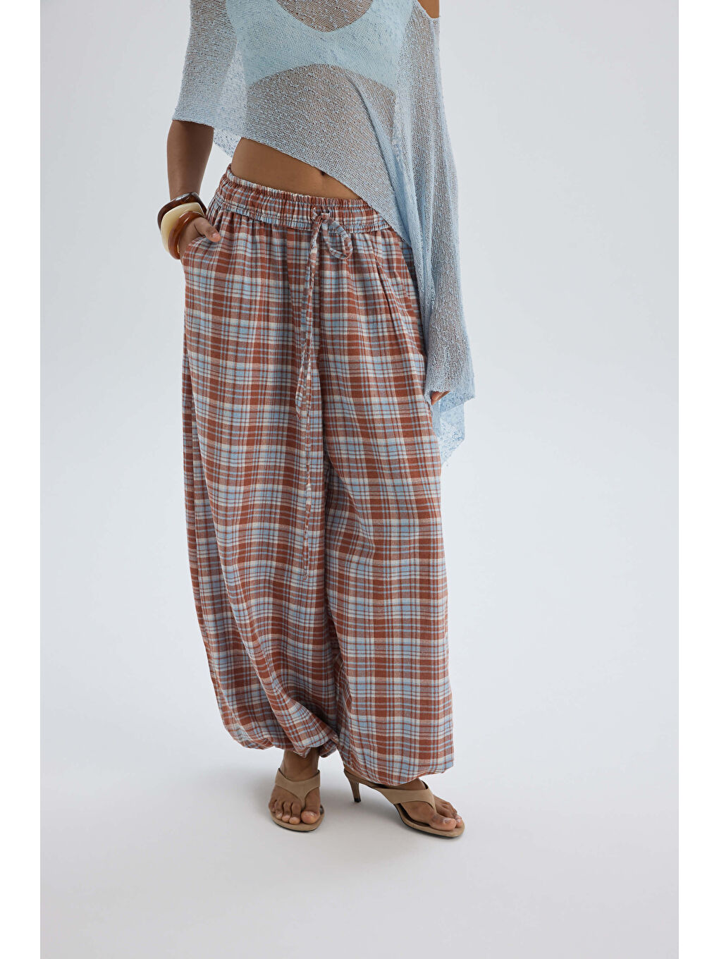 Kahverengi Jolene Ekoseli Kiremit Şalvar Pantolon-1