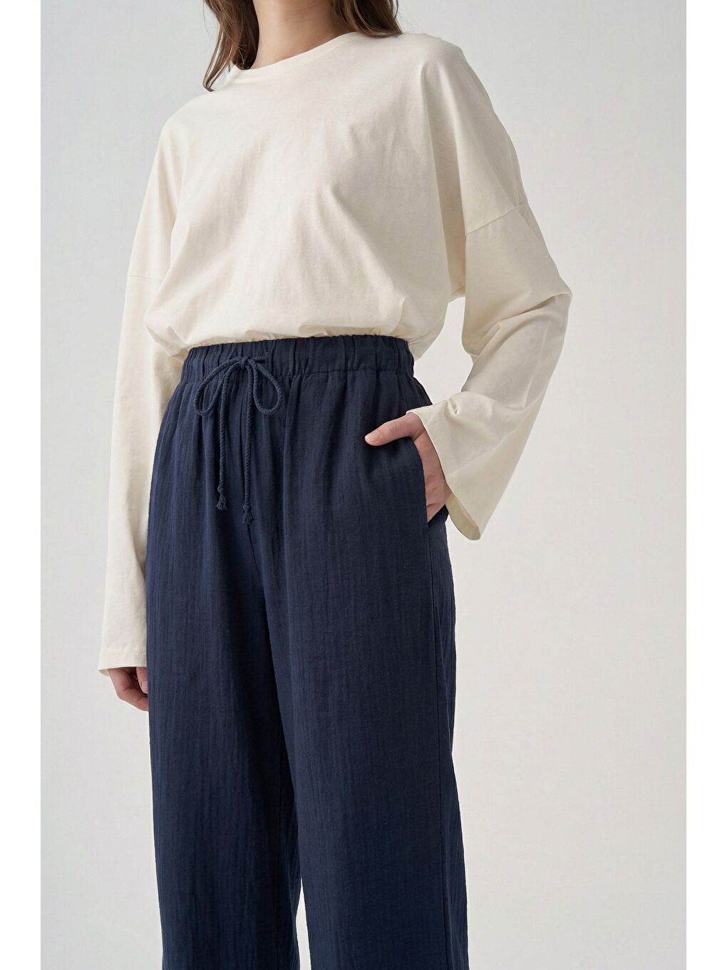 Lacivert-Beli Lastikli Müslin Pantolon-1