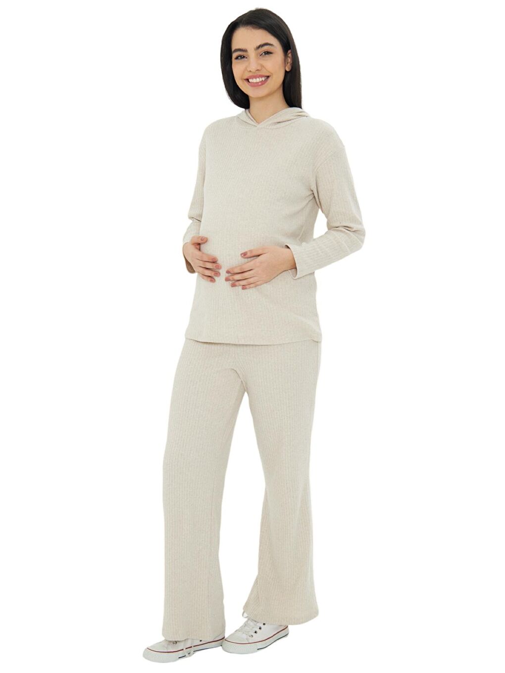 Bej Örme Kapüşonlu Kadın Hamile Alt Üst Takımı-1