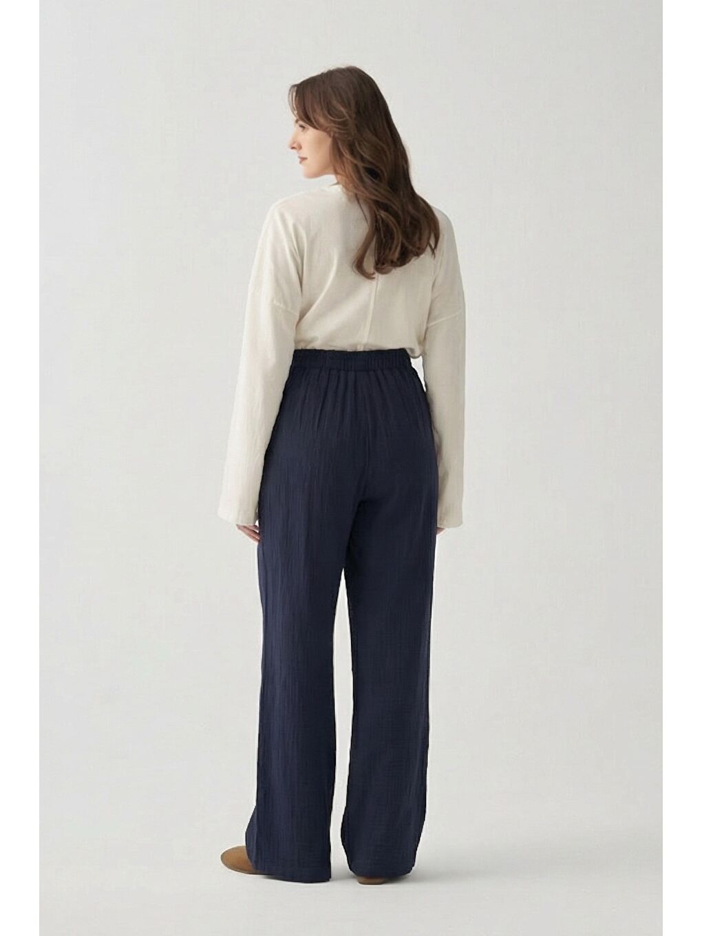 Lacivert-Beli Lastikli Müslin Pantolon-3