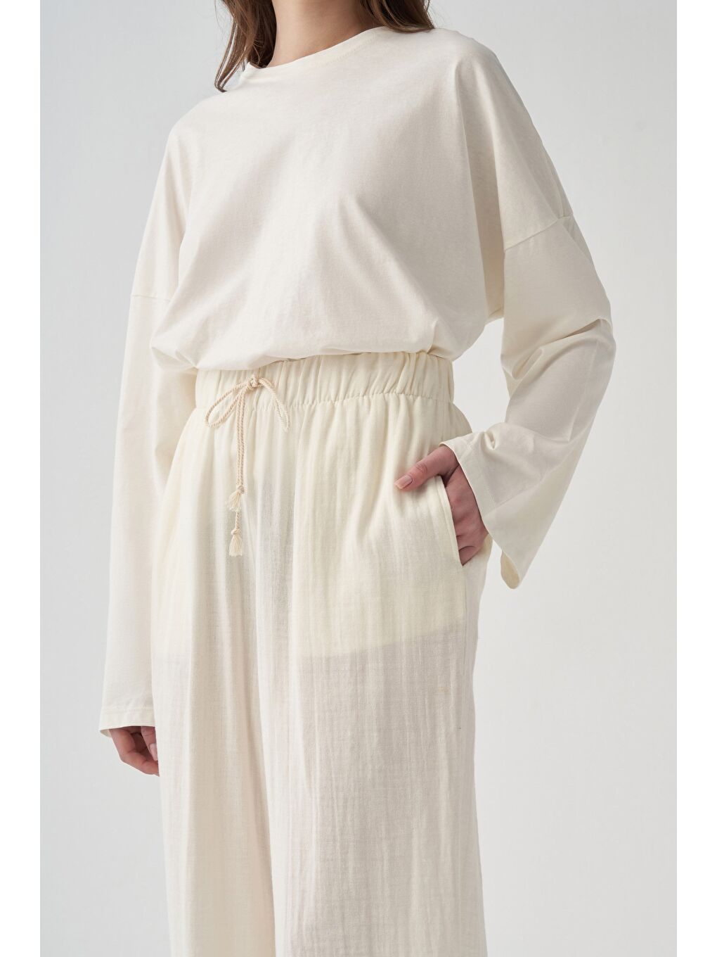 Ekru-Beli Lastikli Müslin Pantolon-3