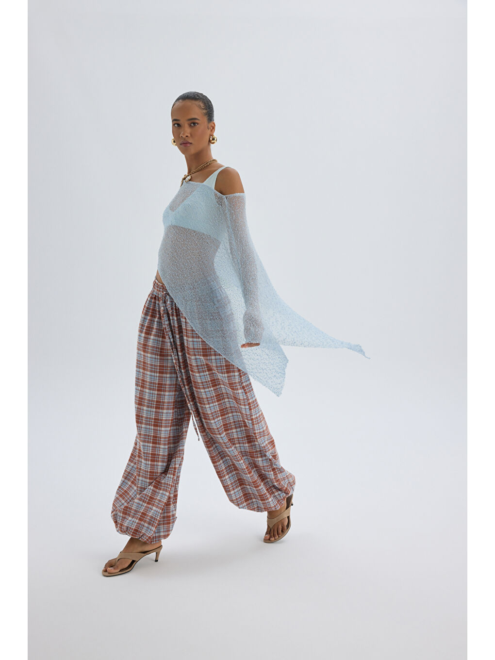 Kahverengi Jolene Ekoseli Kiremit Şalvar Pantolon-3