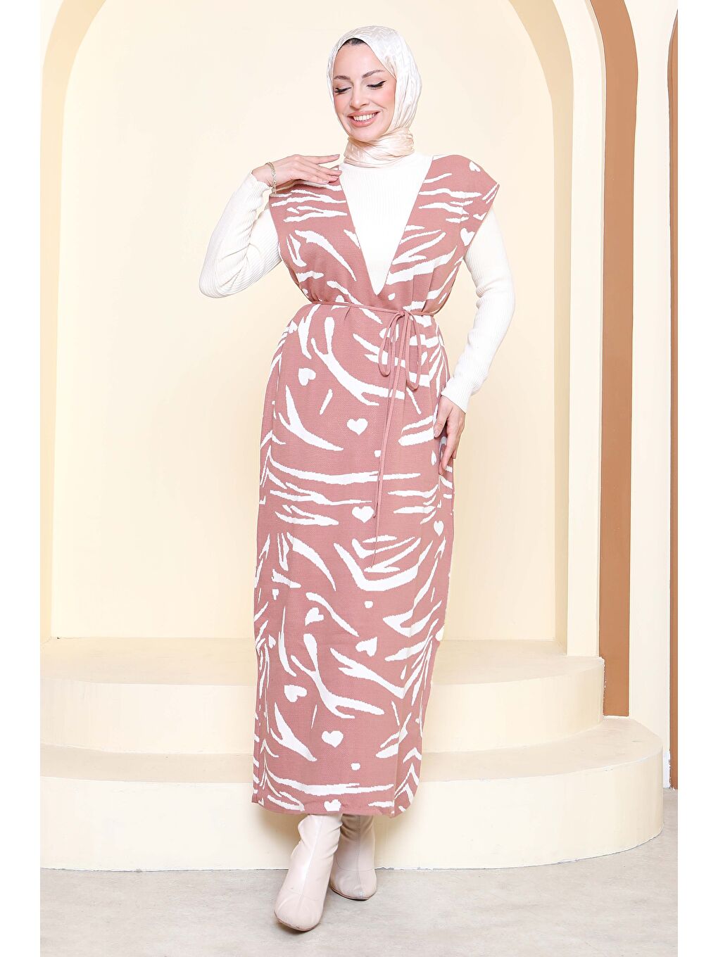 Pembe Zebra Desenli Bluz Elbise Triko İkili Takım Gul Kurusu - 27930-GUL-KURUSU