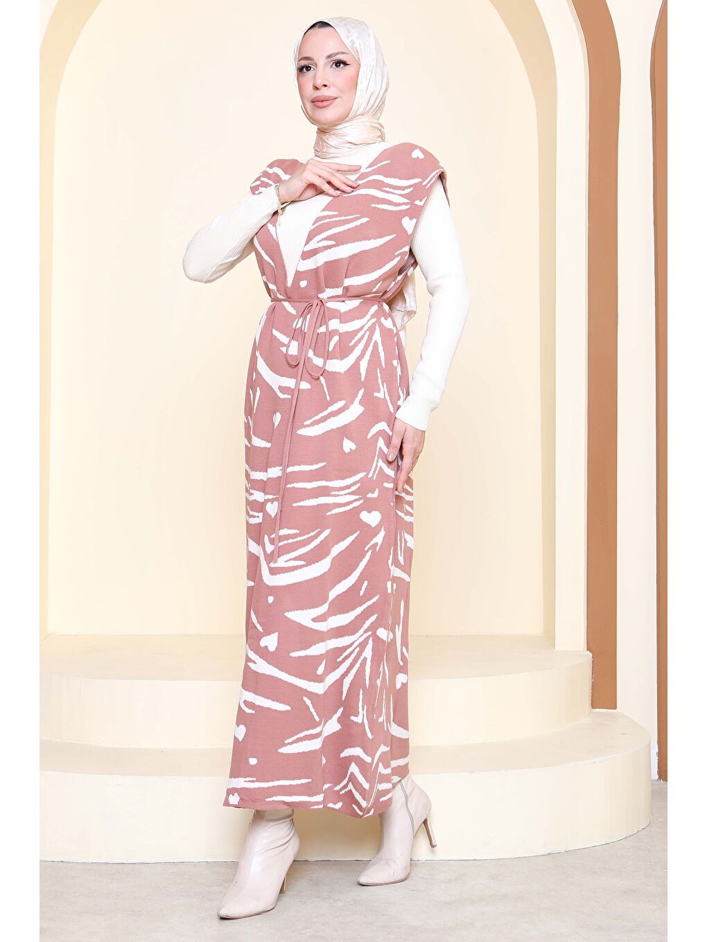 Pembe Zebra Desenli Bluz Elbise Triko İkili Takım Gul Kurusu - 27930-GUL-KURUSU-5