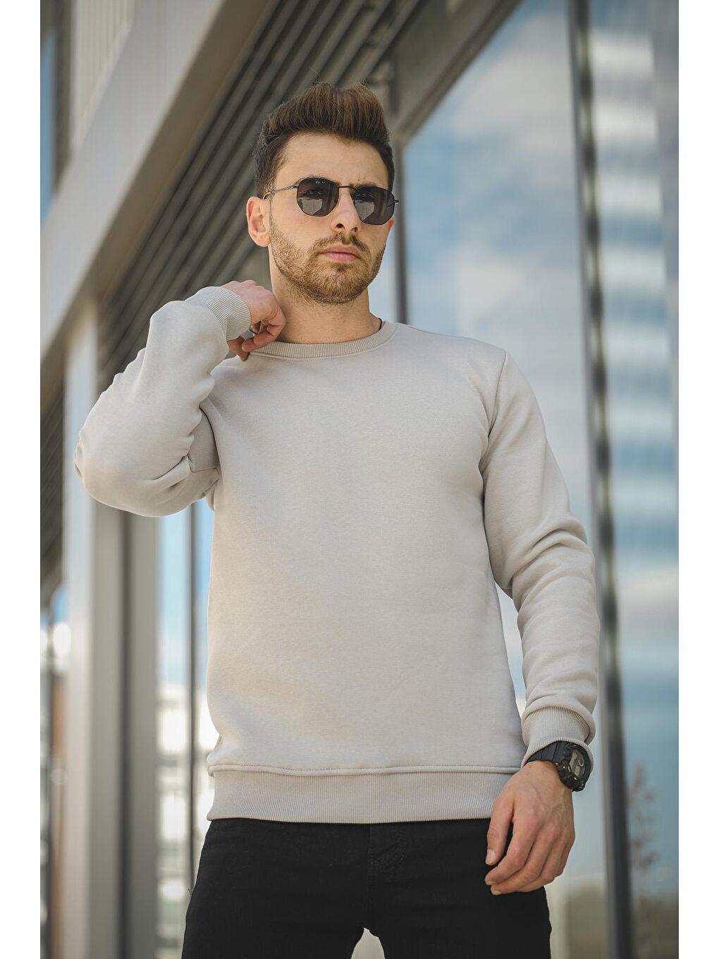 Oksit Taş Fitted Üç İplik Şardonlu Pamuklu Bisiklet Yaka Sweatshirt - 1