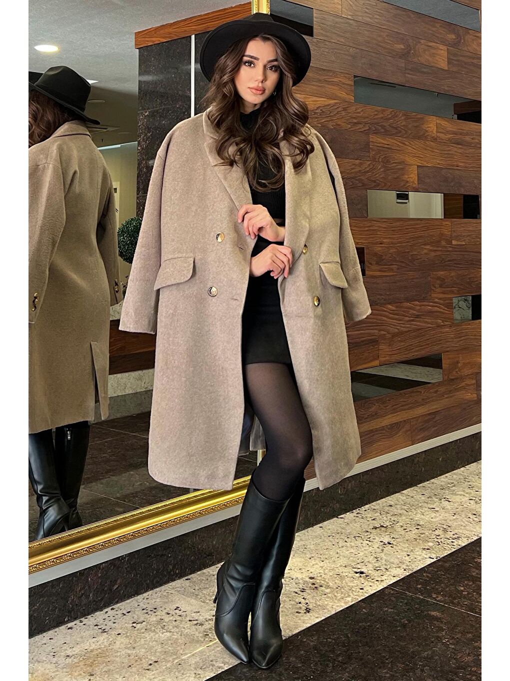 Bej Kadın Oversize Kaşe Kaban