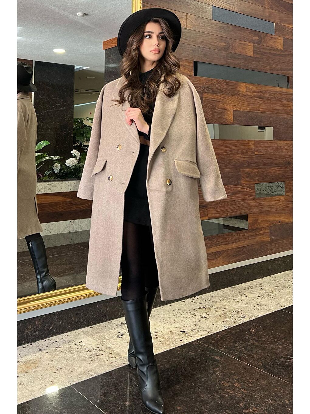 Bej Kadın Oversize Kaşe Kaban-1