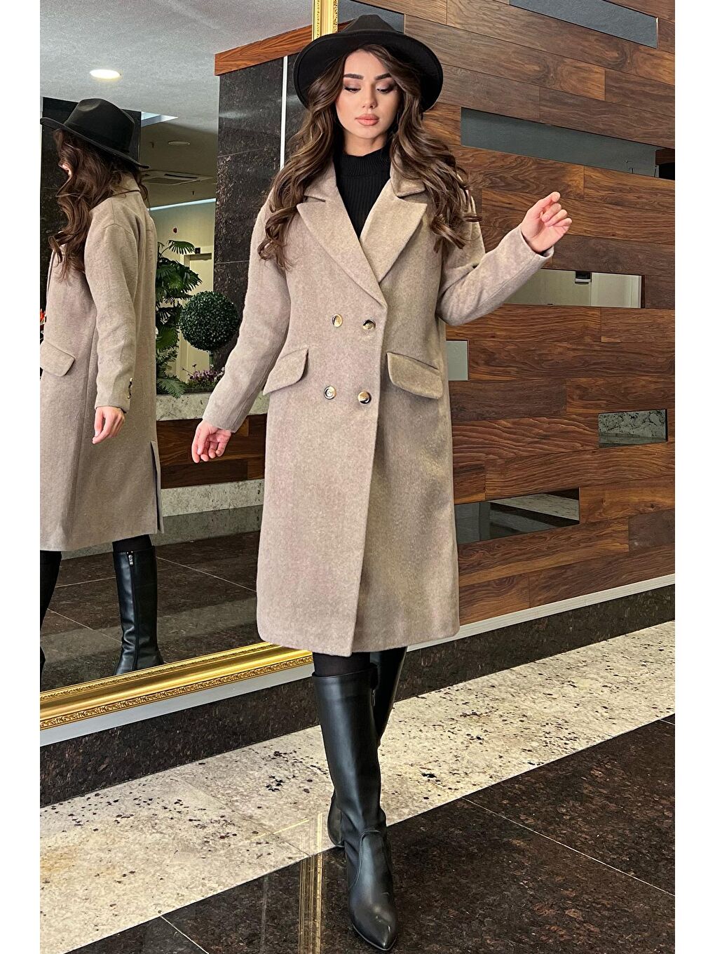 Bej Kadın Oversize Kaşe Kaban-2