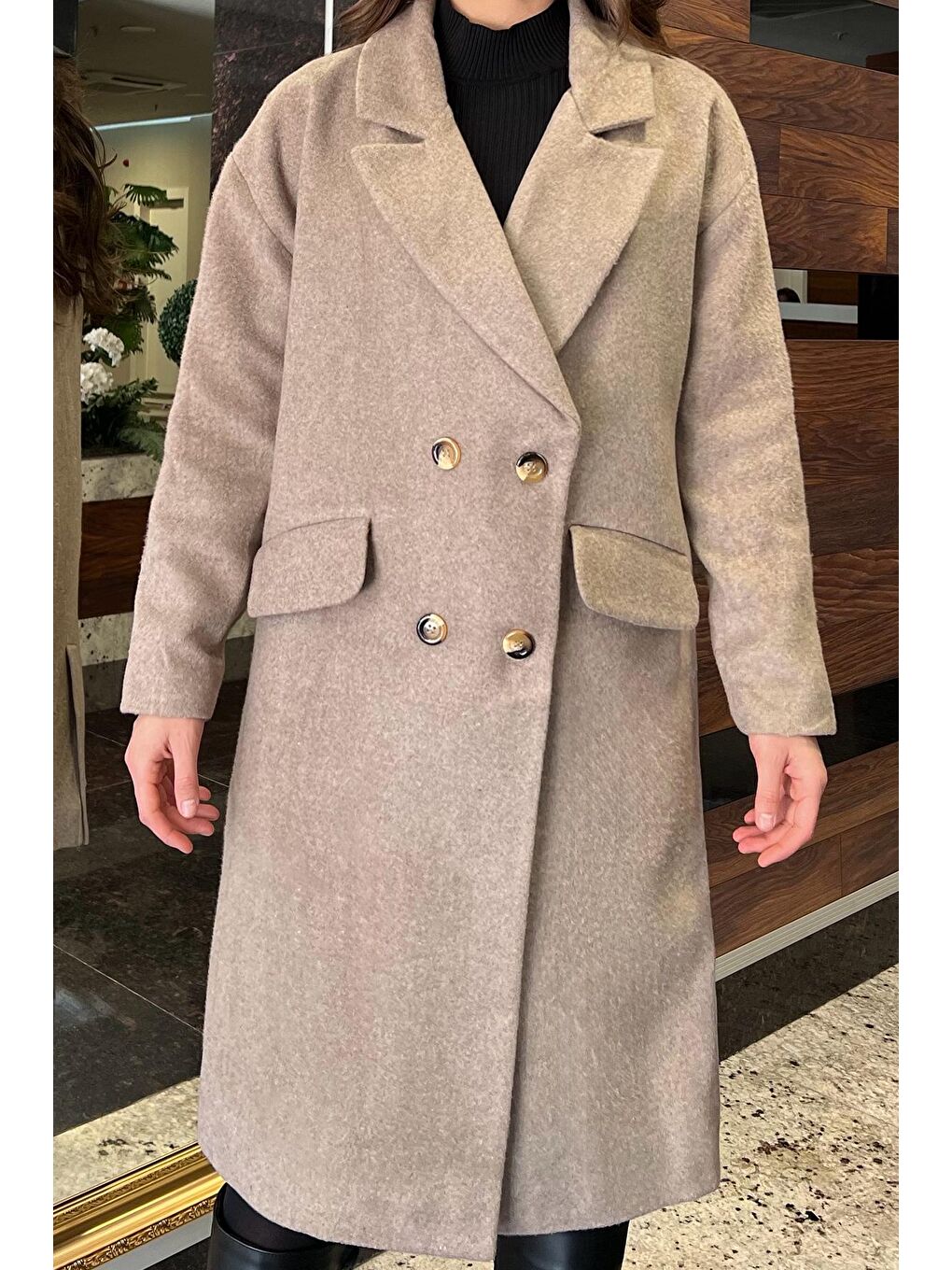 Bej Kadın Oversize Kaşe Kaban-3