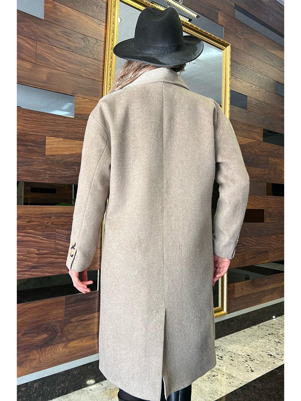 Bej Kadın Oversize Kaşe Kaban-4