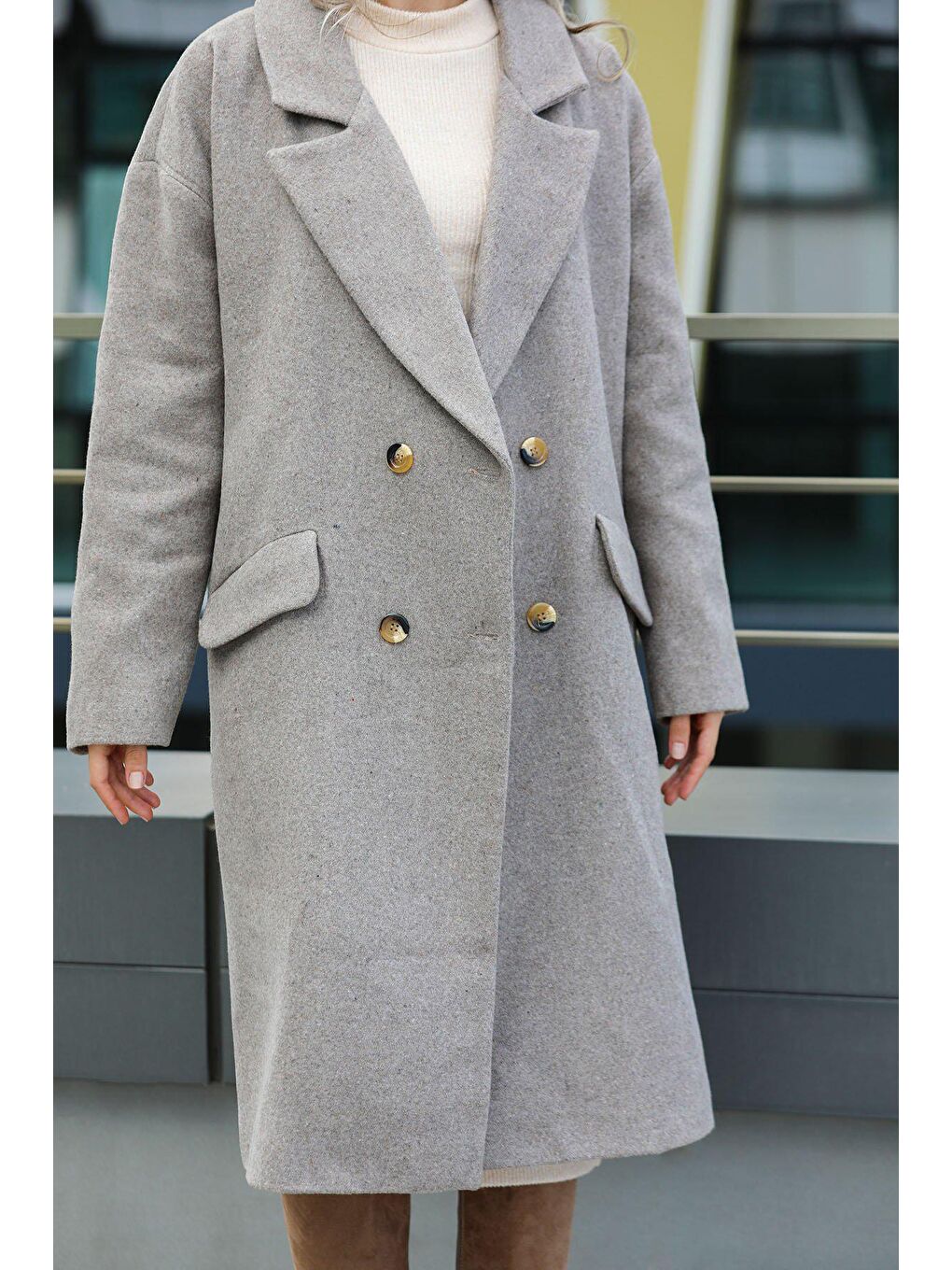 Bej Kadın Oversize Kaşe Kaban-5