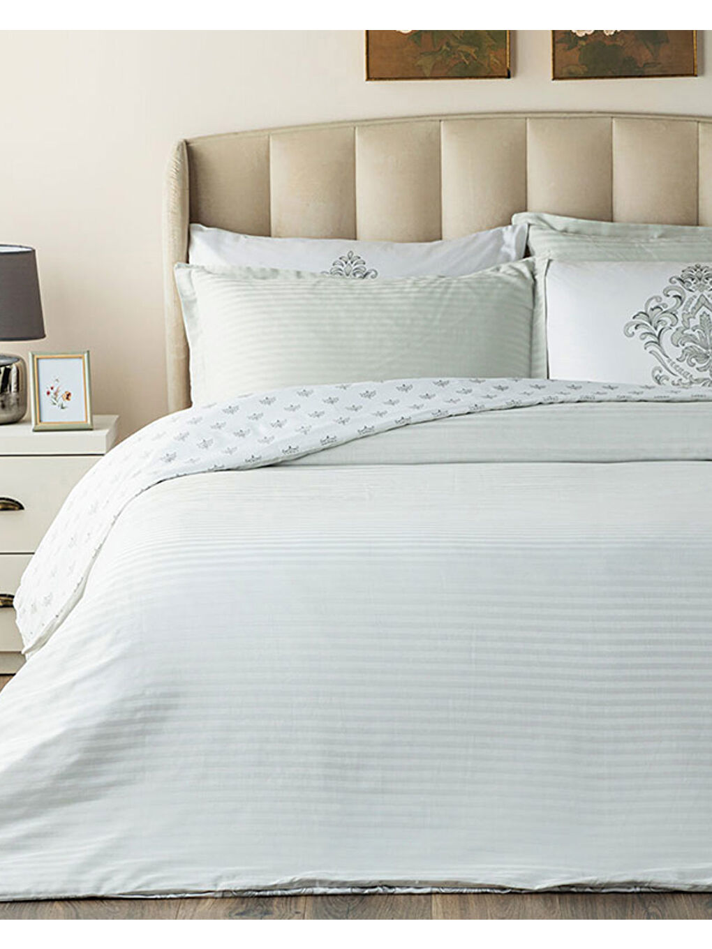 Gri Elegant Crown Çift Taraflı Pamuk Saten Çift Kişilik Nevresim Takımı Gümüş-1