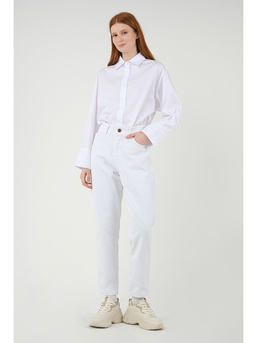 Yüksek Bel Balon Jean Beyaz-2