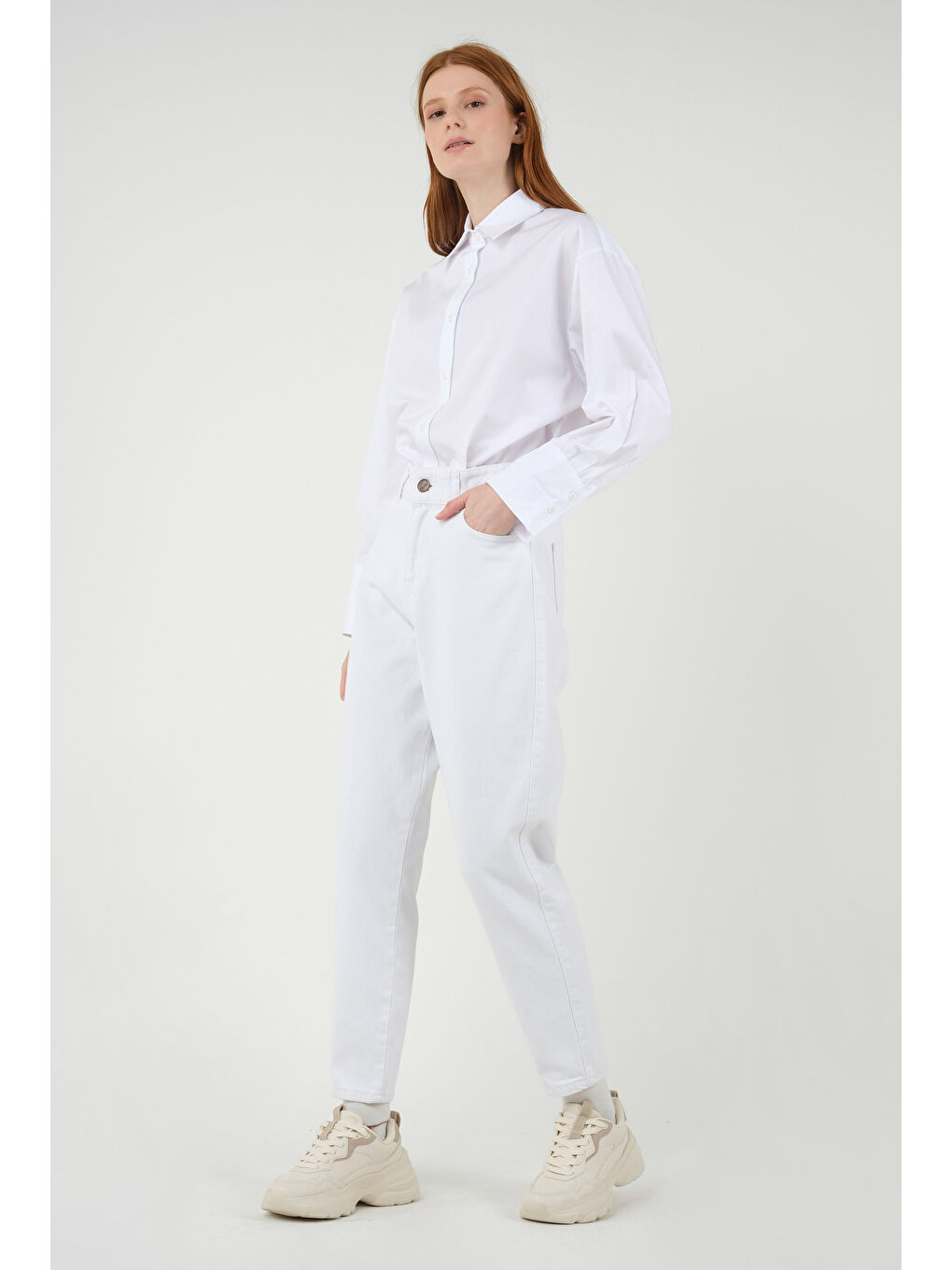 Yüksek Bel Balon Jean Beyaz-3