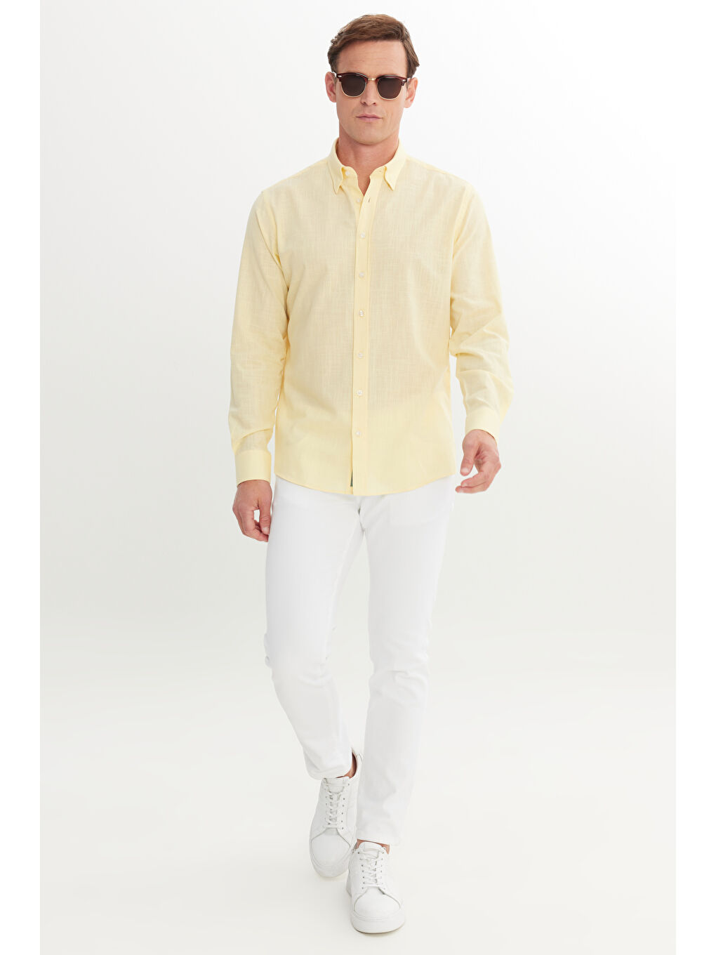 Erkek Sarı Comfort Fit Rahat Kesim Gizli Düğme Yaka %100 Pamuk Flamlı Gömlek-1