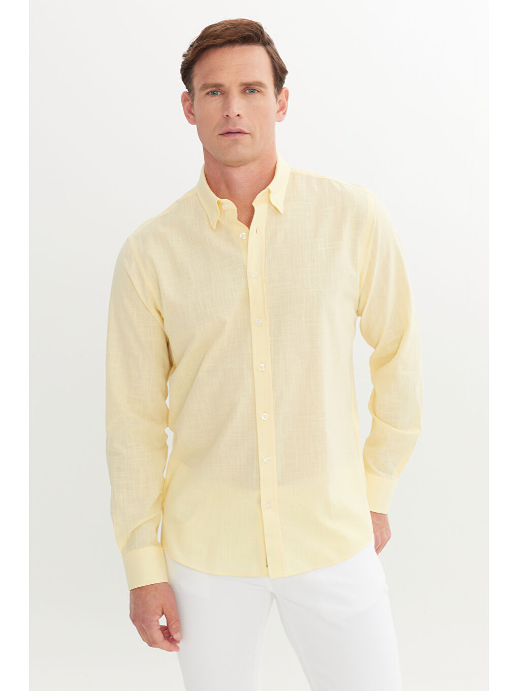 Erkek Sarı Comfort Fit Rahat Kesim Gizli Düğme Yaka %100 Pamuk Flamlı Gömlek-2