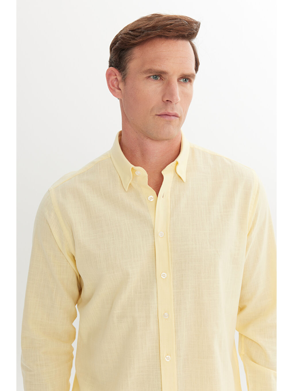 Erkek Sarı Comfort Fit Rahat Kesim Gizli Düğme Yaka %100 Pamuk Flamlı Gömlek-3