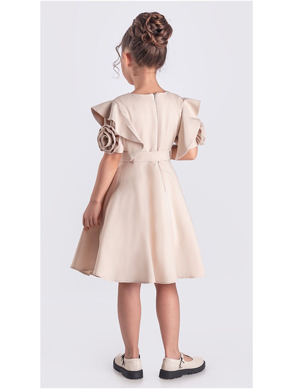 Bej Kız Çocuk Gül Detaylı Kısa Kollu Elbise ELB.2717-1